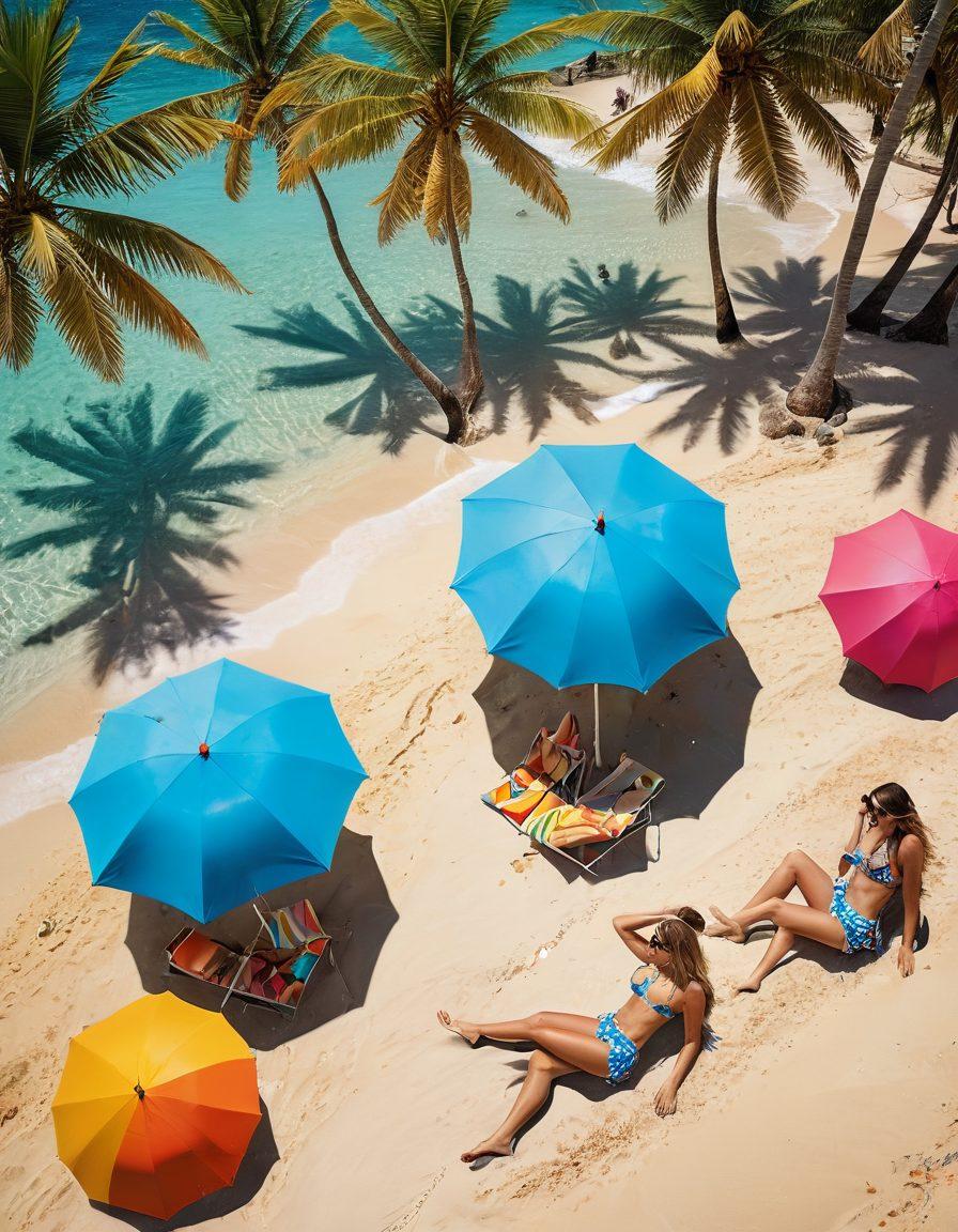 A vibrant beach scene featuring a diverse group of fashionable women lounging under colorful umbrellas, showcasing a variety of chic bikini styles. Crystal-clear blue water in the background, with palm trees swaying gently in the breeze and seashells scattered on the sandy shore. Bright and sunny atmosphere, capturing the essence of summer fun and style. super-realistic. vivid colors. high contrast.