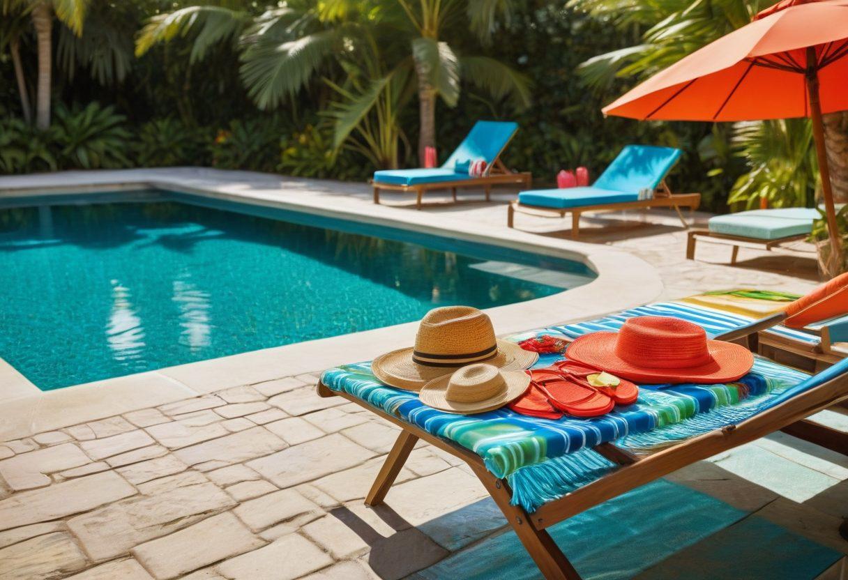 A luxurious poolside scene framed by palm trees, showcasing a range of stylish swimwear laid out on vibrant beach towels. Include a sparkling blue pool in the background, with sun loungers and tropical drinks to set a relaxing summer vibe. Add playful summer accessories like sunglasses, a wide-brimmed hat, and flip-flops, all in bright, cheerful colors. The sun should be shining brightly, casting warm reflections on the water. super-realistic. vibrant colors. summer aesthetic.
